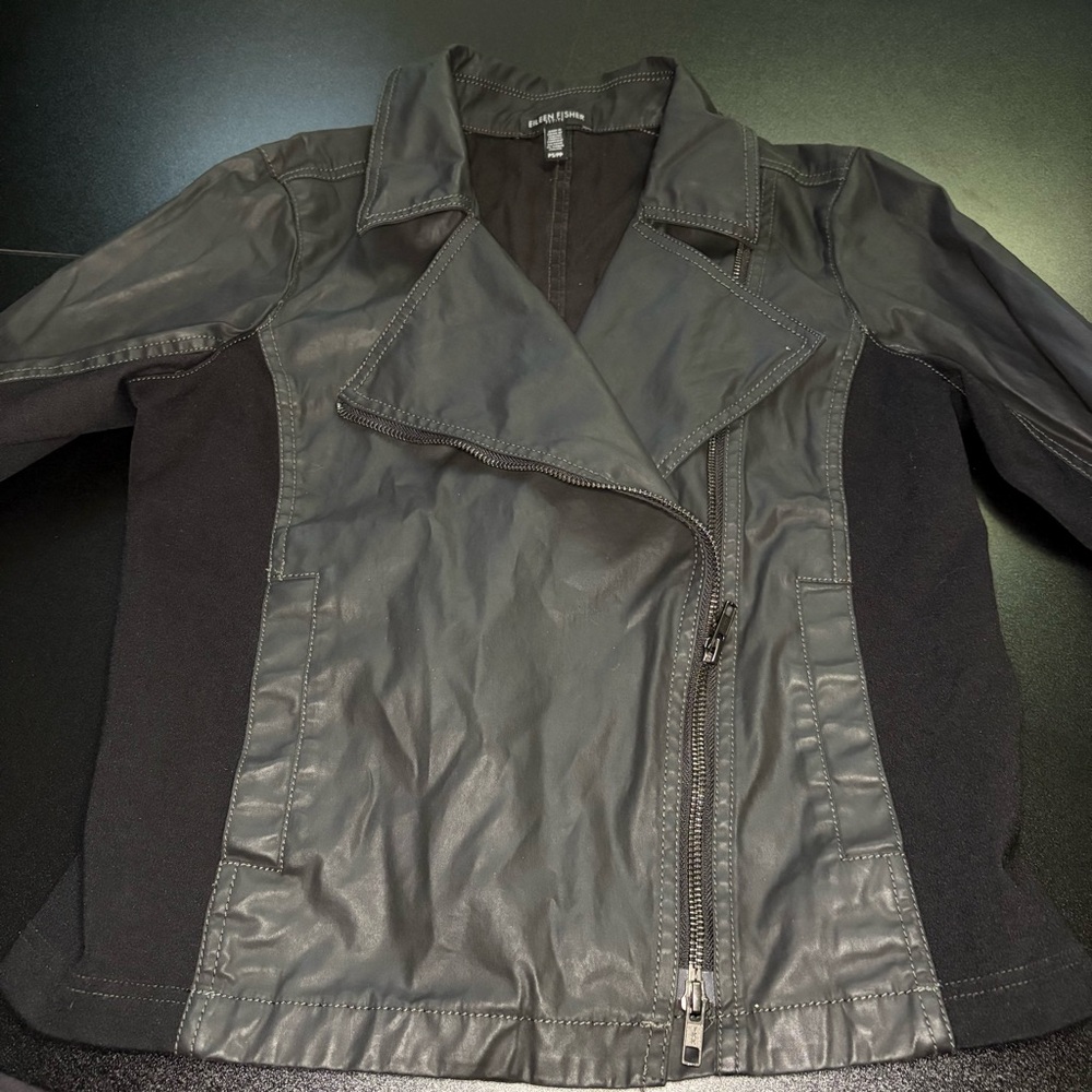 EILEEN FISHER Waxed-Linen Moto Jacket stretch comfort black‎ color small edgy